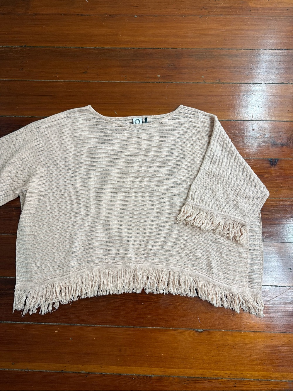 Anthropologie Akemi + Kin Frenchie Cotton Linen Blend Fringe Poncho Sz S 💚🍄